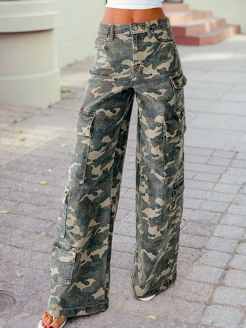 Camo Denim Wide Leg Jeans