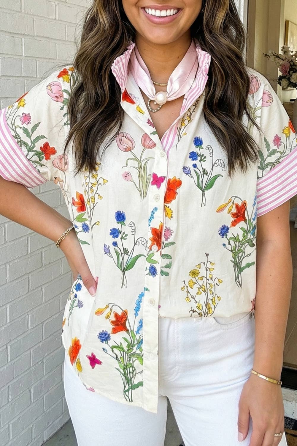 Floral Striped Button Top