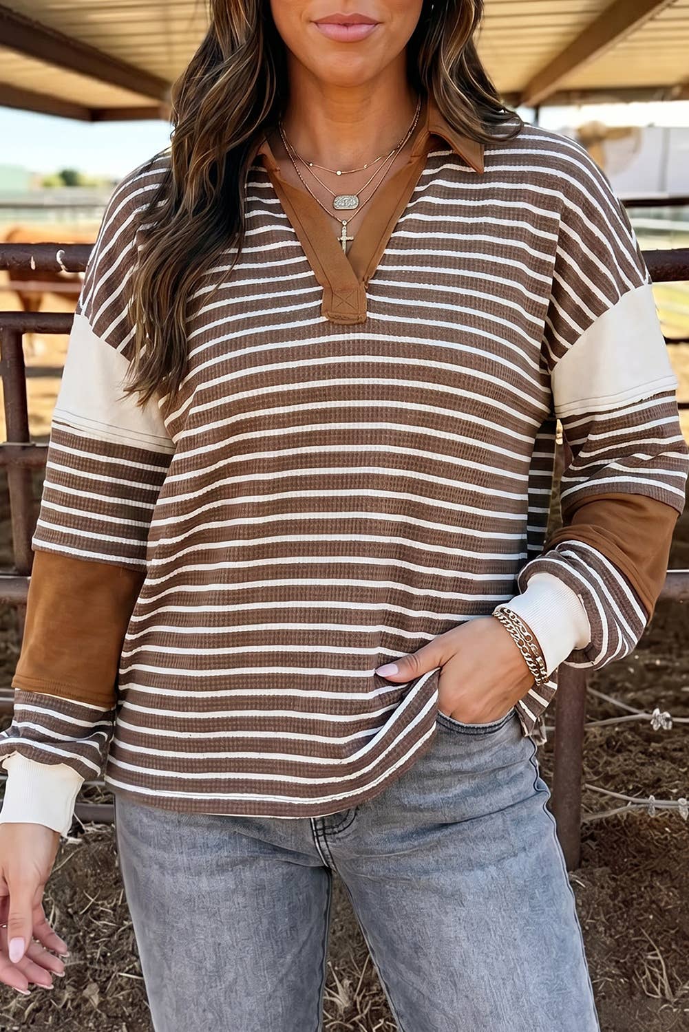 Brown Striped Pullover Top