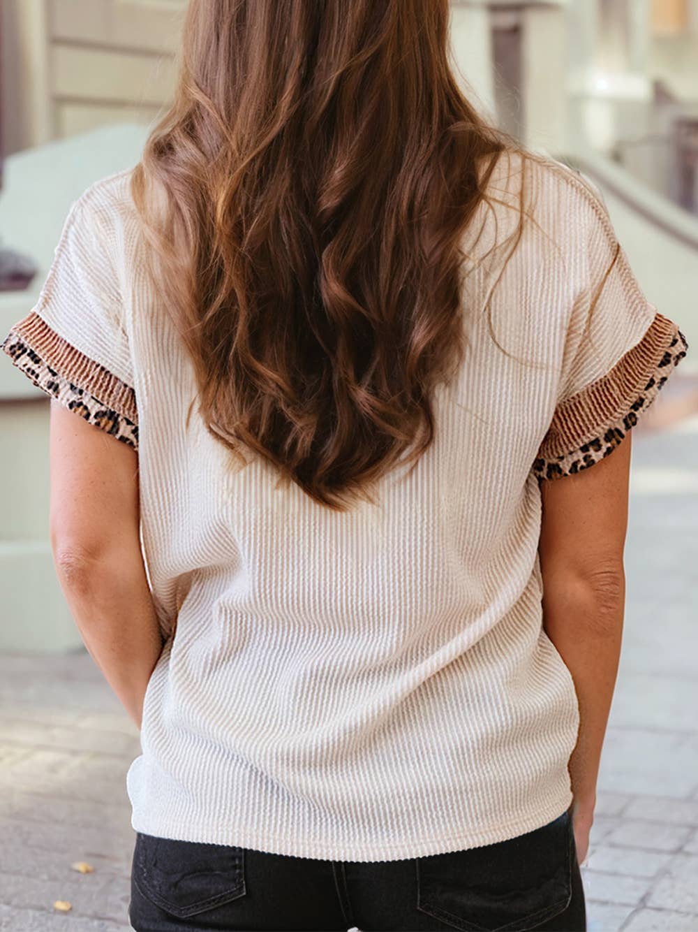 Leopard Patchwork Corded Knit Crew Neck T Shirt