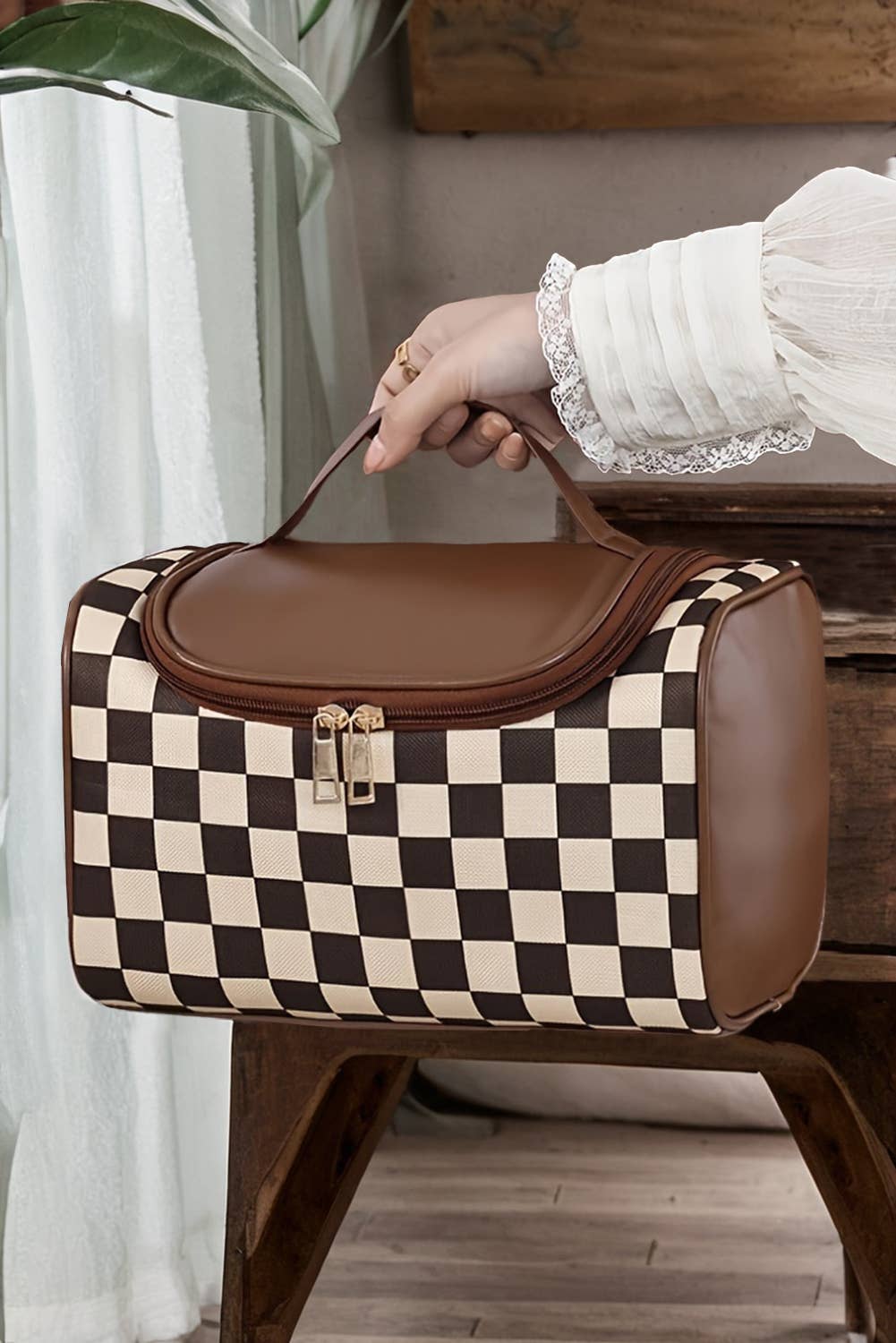 Checkered Faux Leather Makeup Bag