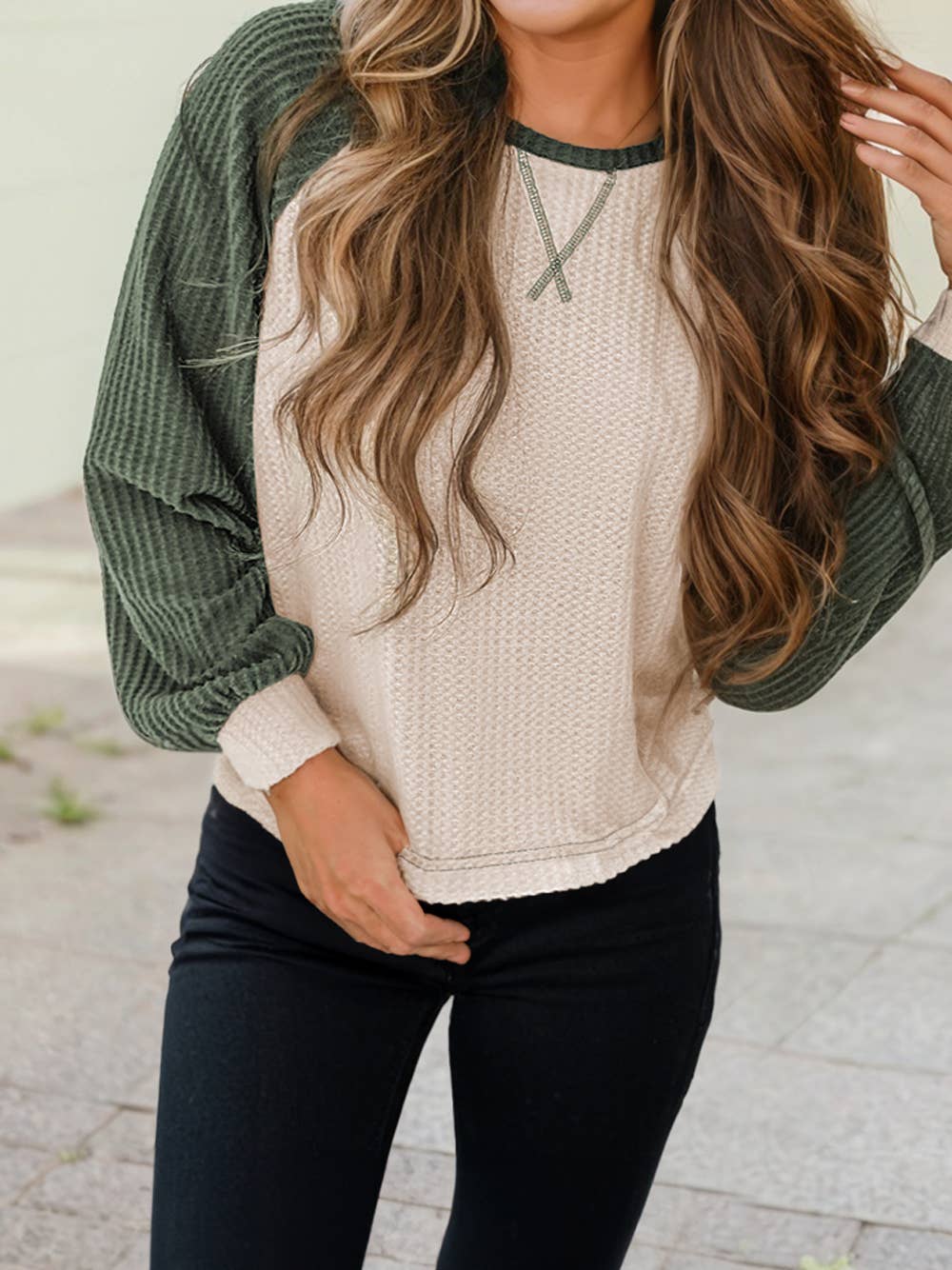 Waffle Knit Color Block Top