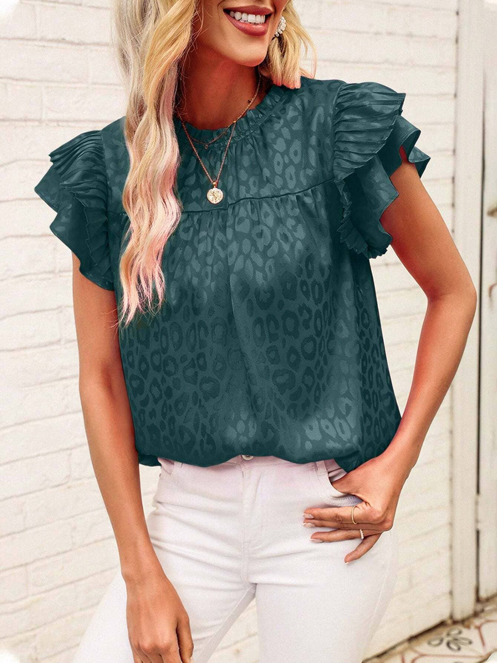 Leopard Print Ruffle Sleeve Blouse