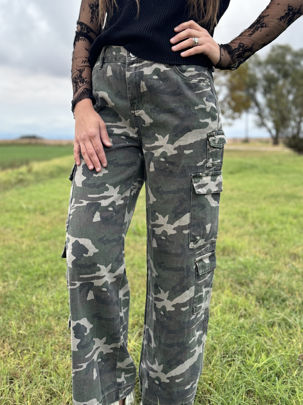 Camo Denim Wide Leg Jeans