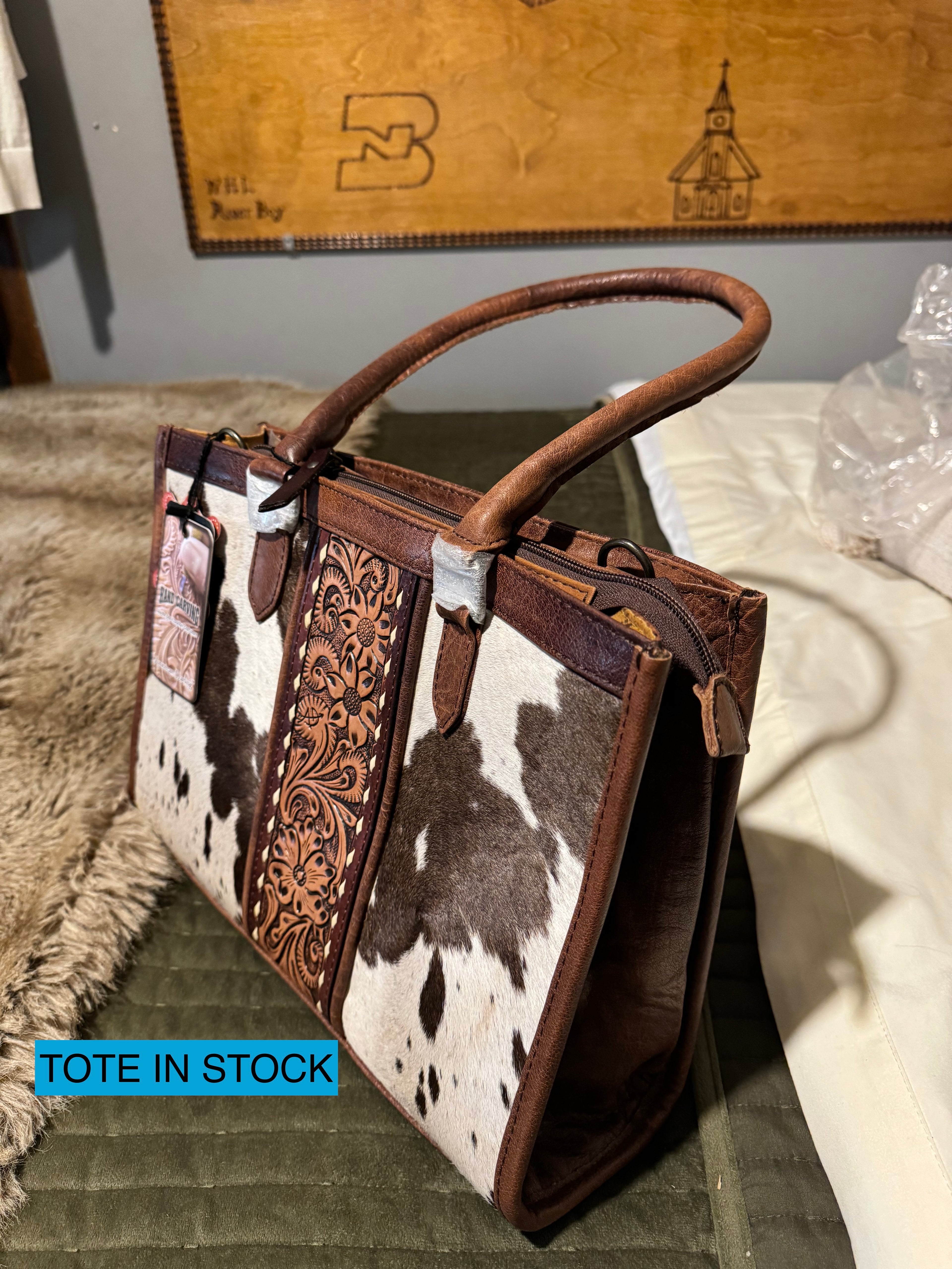 Genuine Leather & Cowhide Tote w/ Concealed Carry Pocket