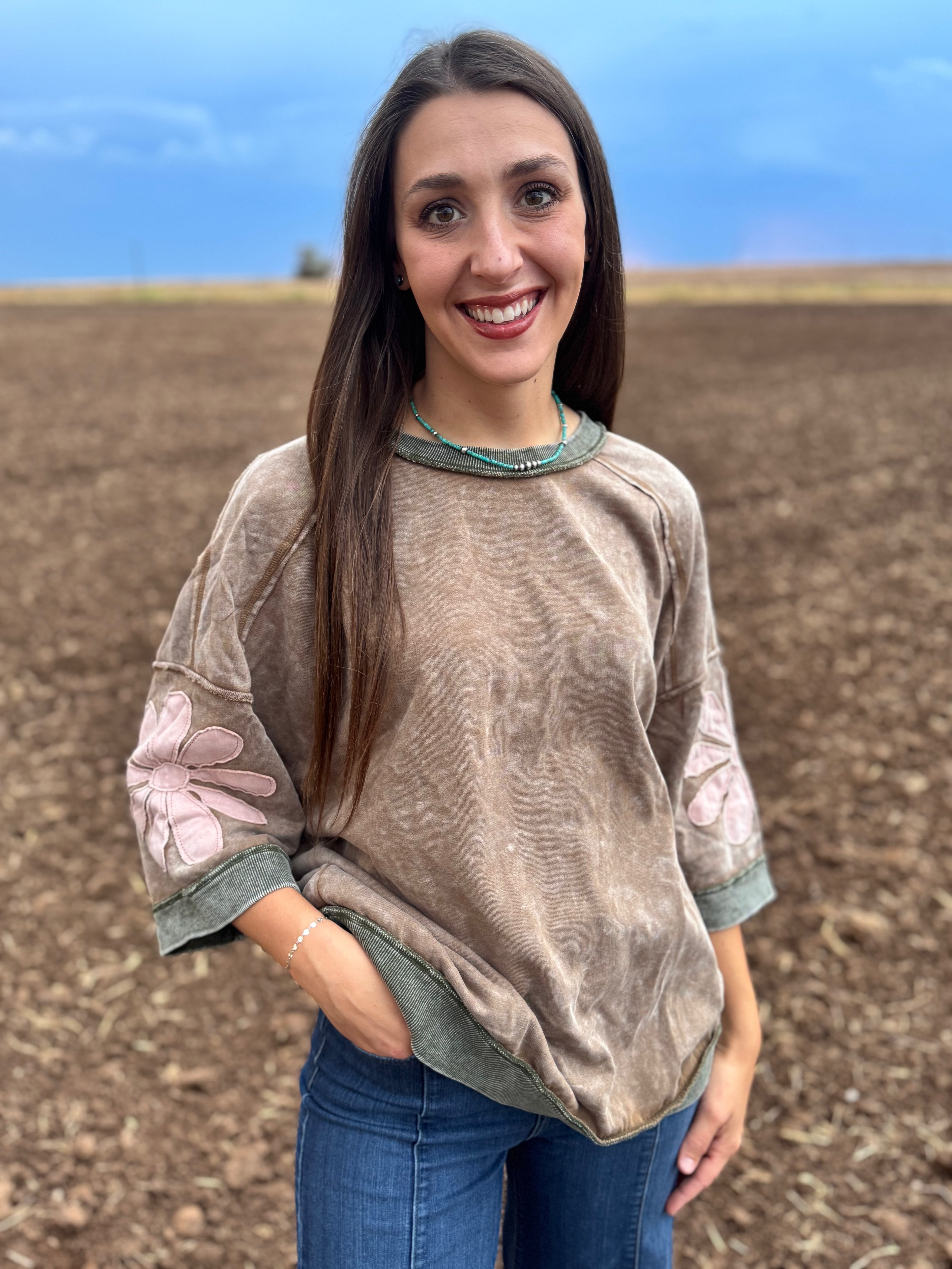 Western Mineral Wash Floral Sleeve Top