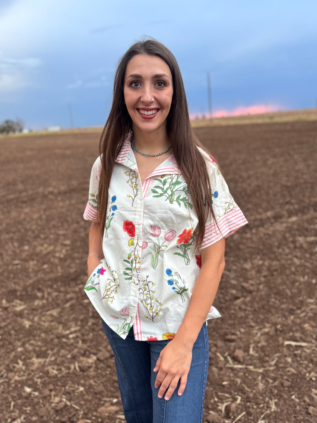 Floral Striped Button Top