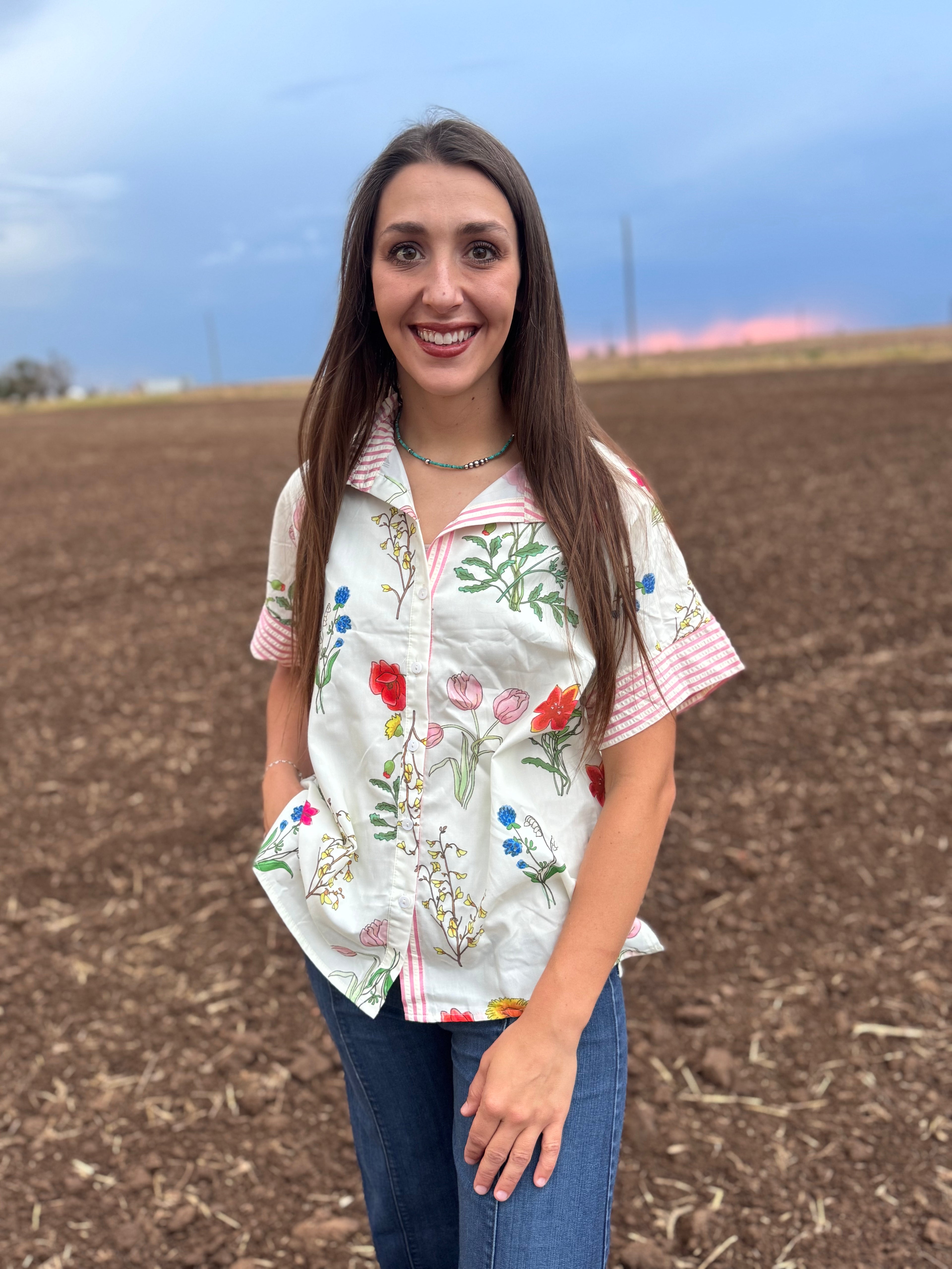 Floral Striped Button Top