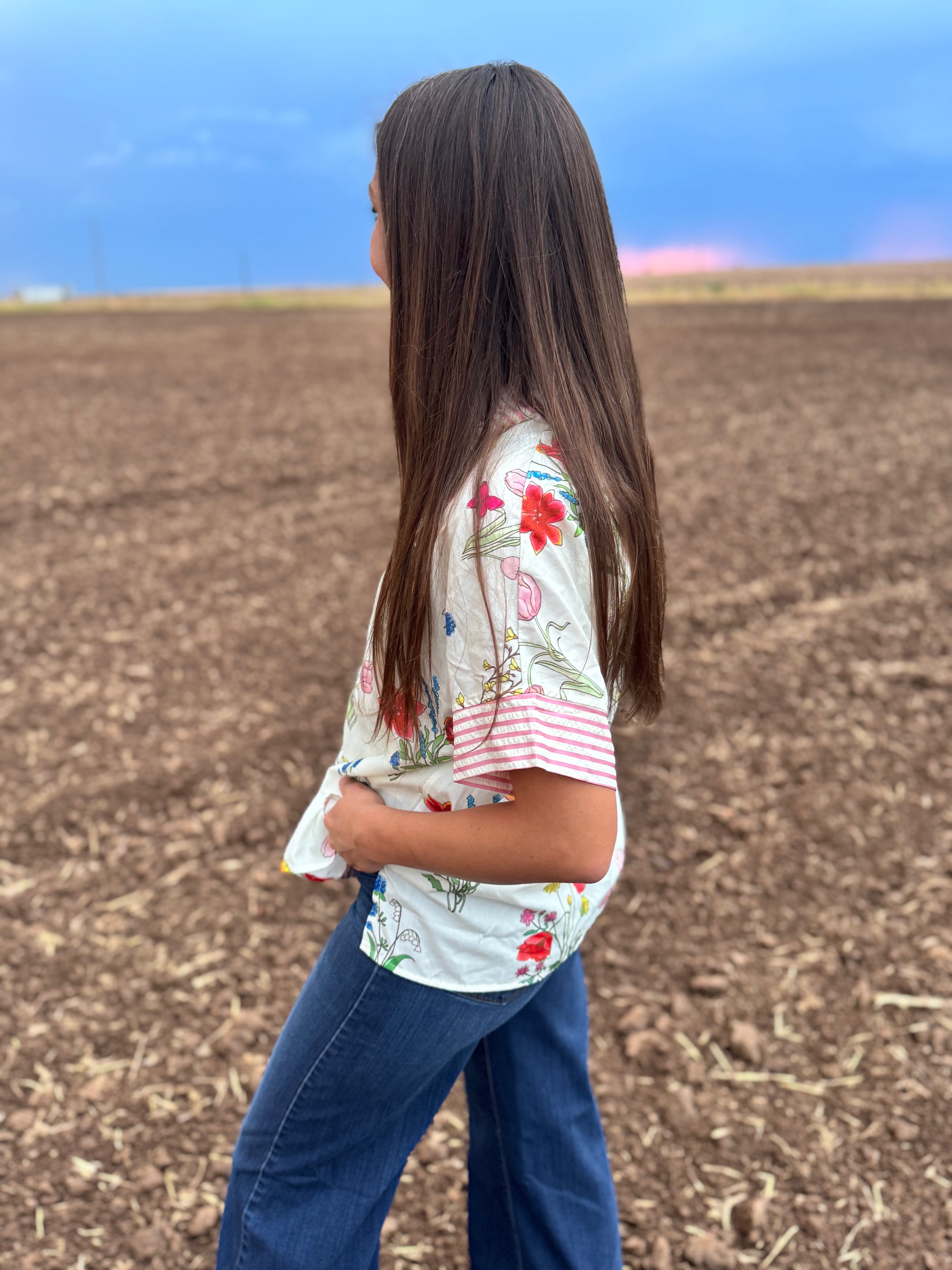 Floral Striped Button Top