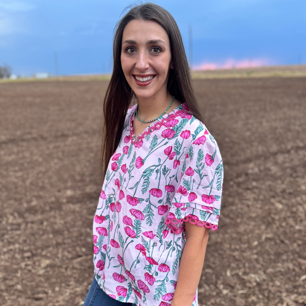 Pink Peony Lace Trimmed Top