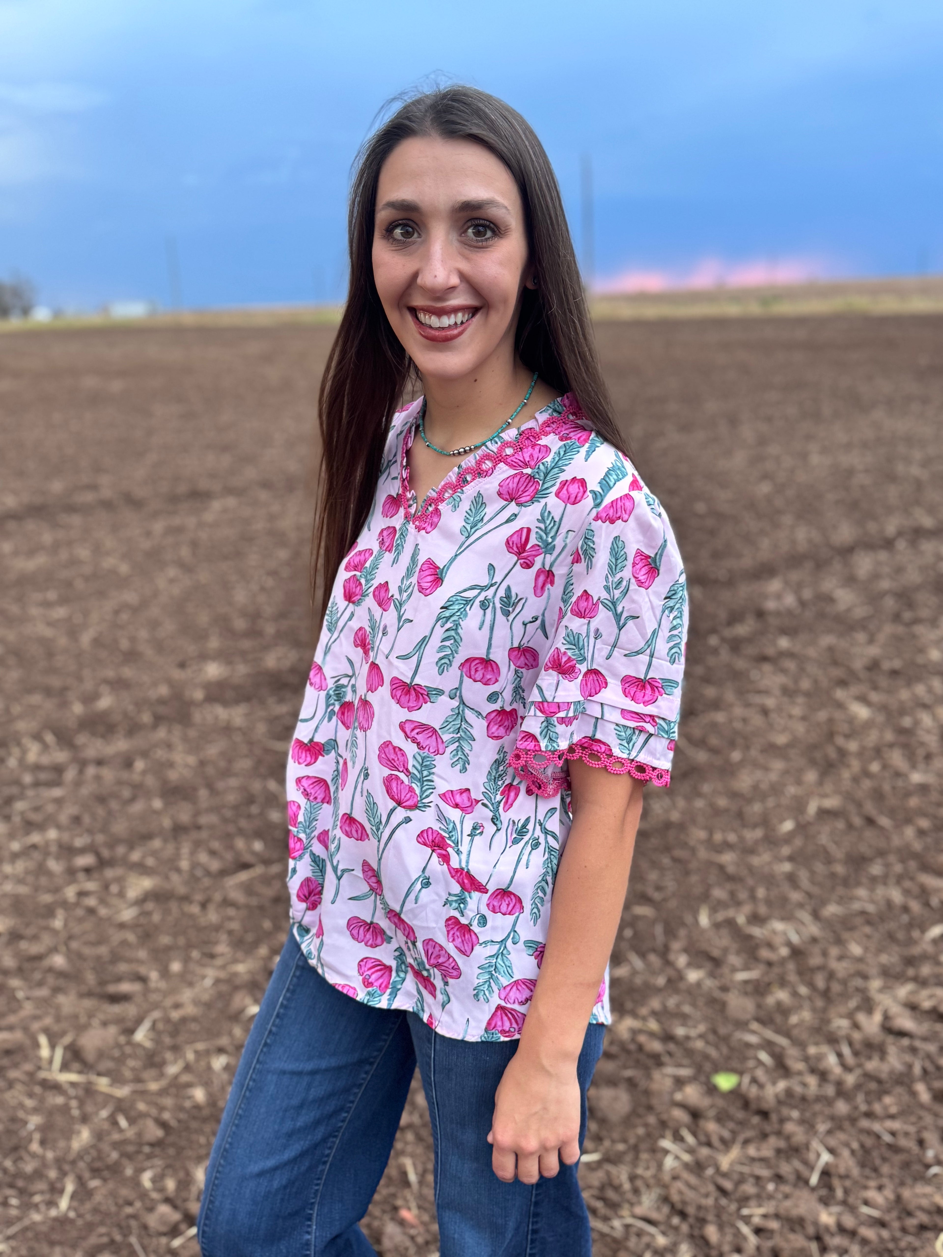 Pink Peony Lace Trimmed Top