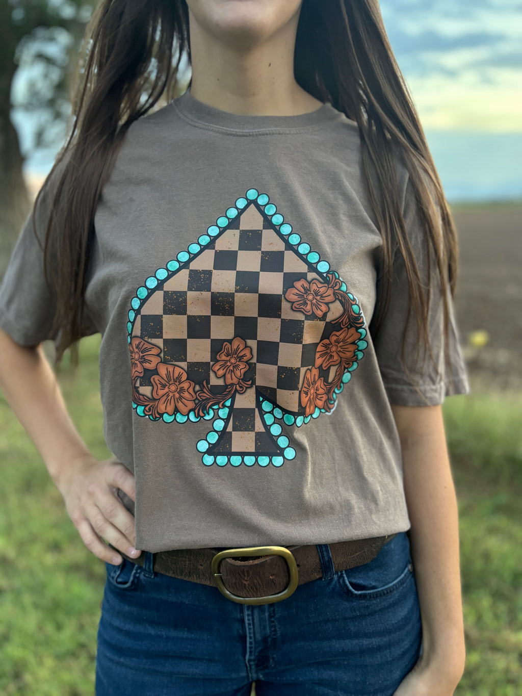 Turqoise & Brown Leather Spade Tee