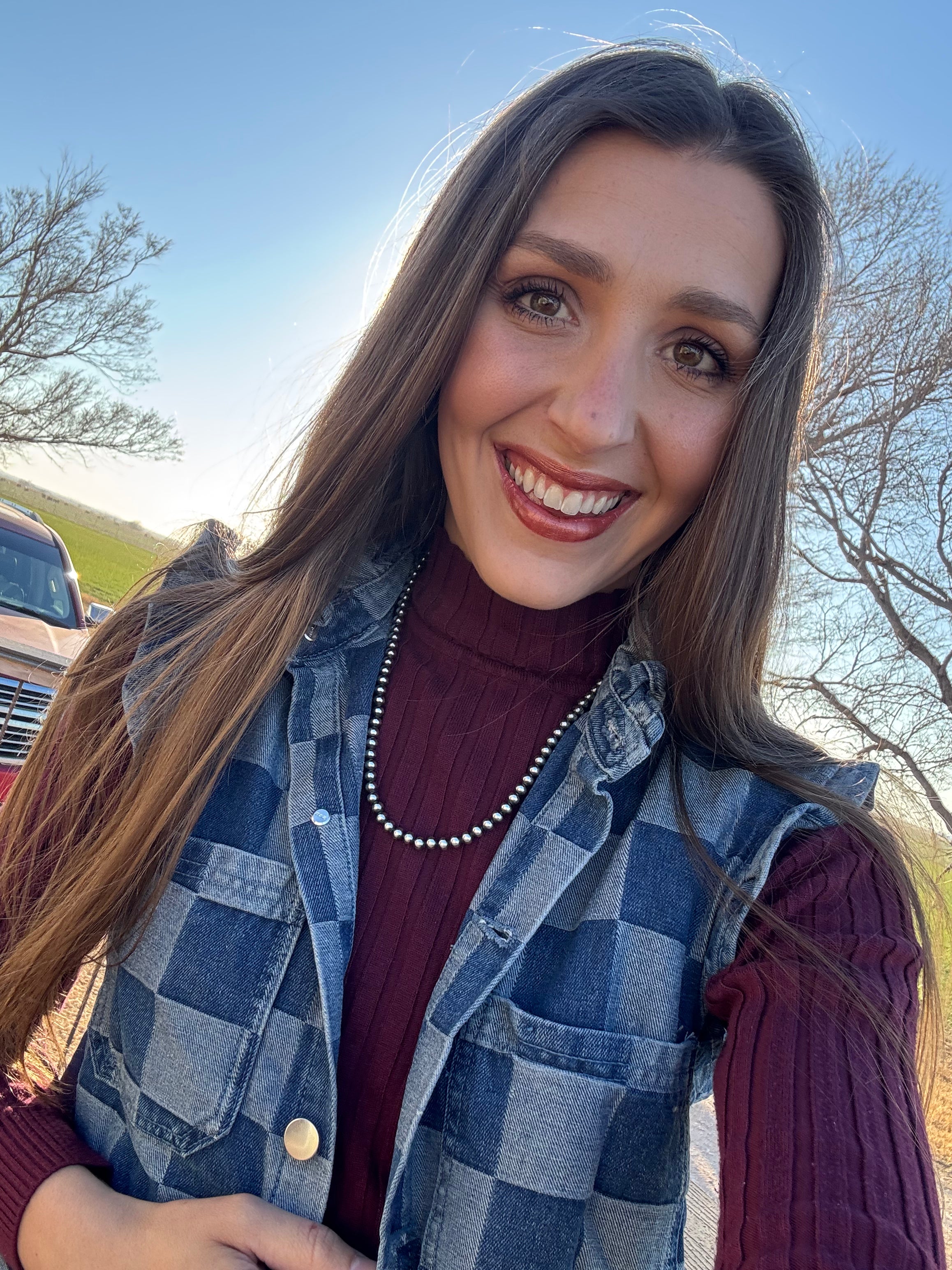 Denim Checkered Ruffle Vest