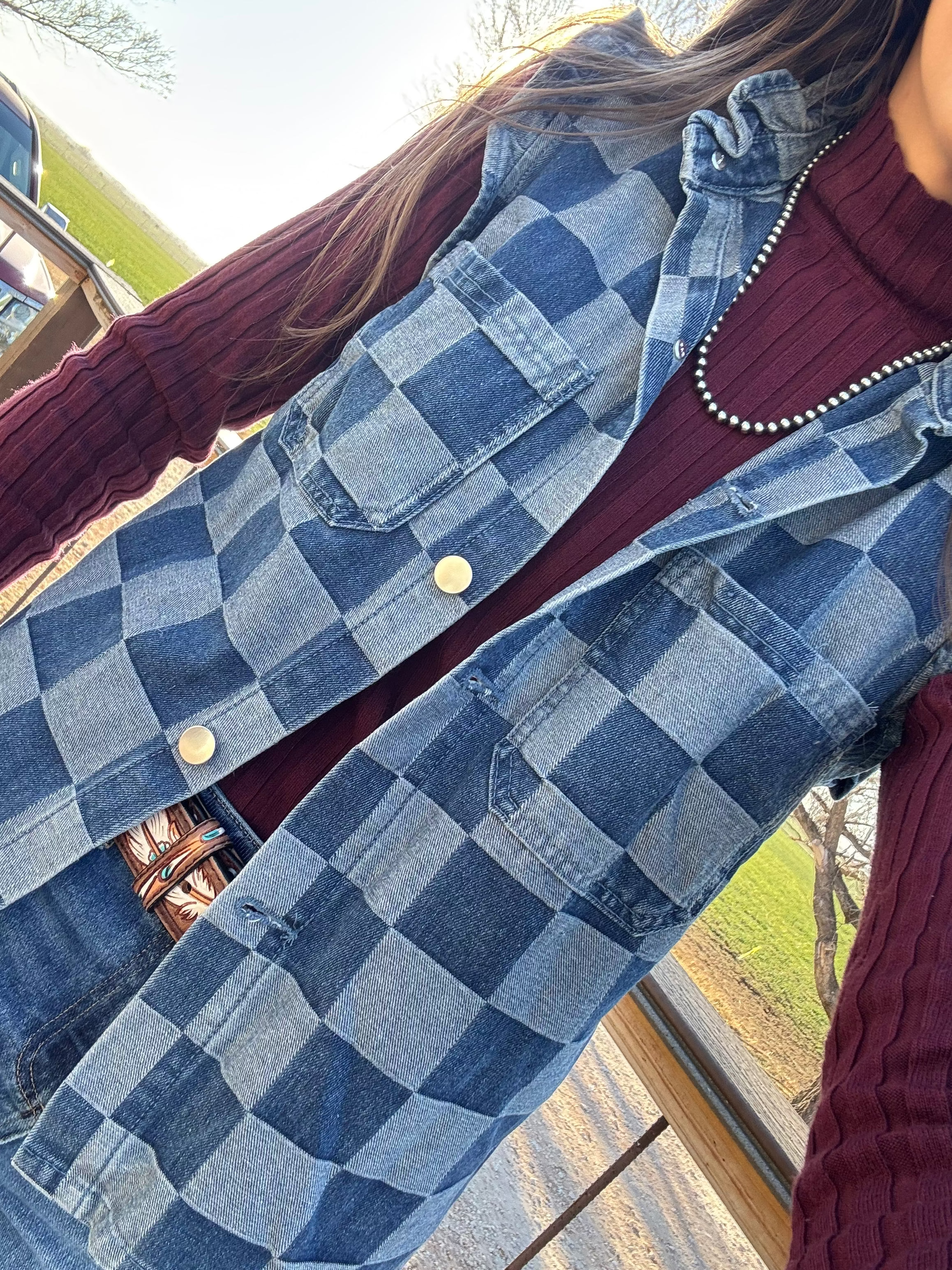 Denim Checkered Ruffle Vest