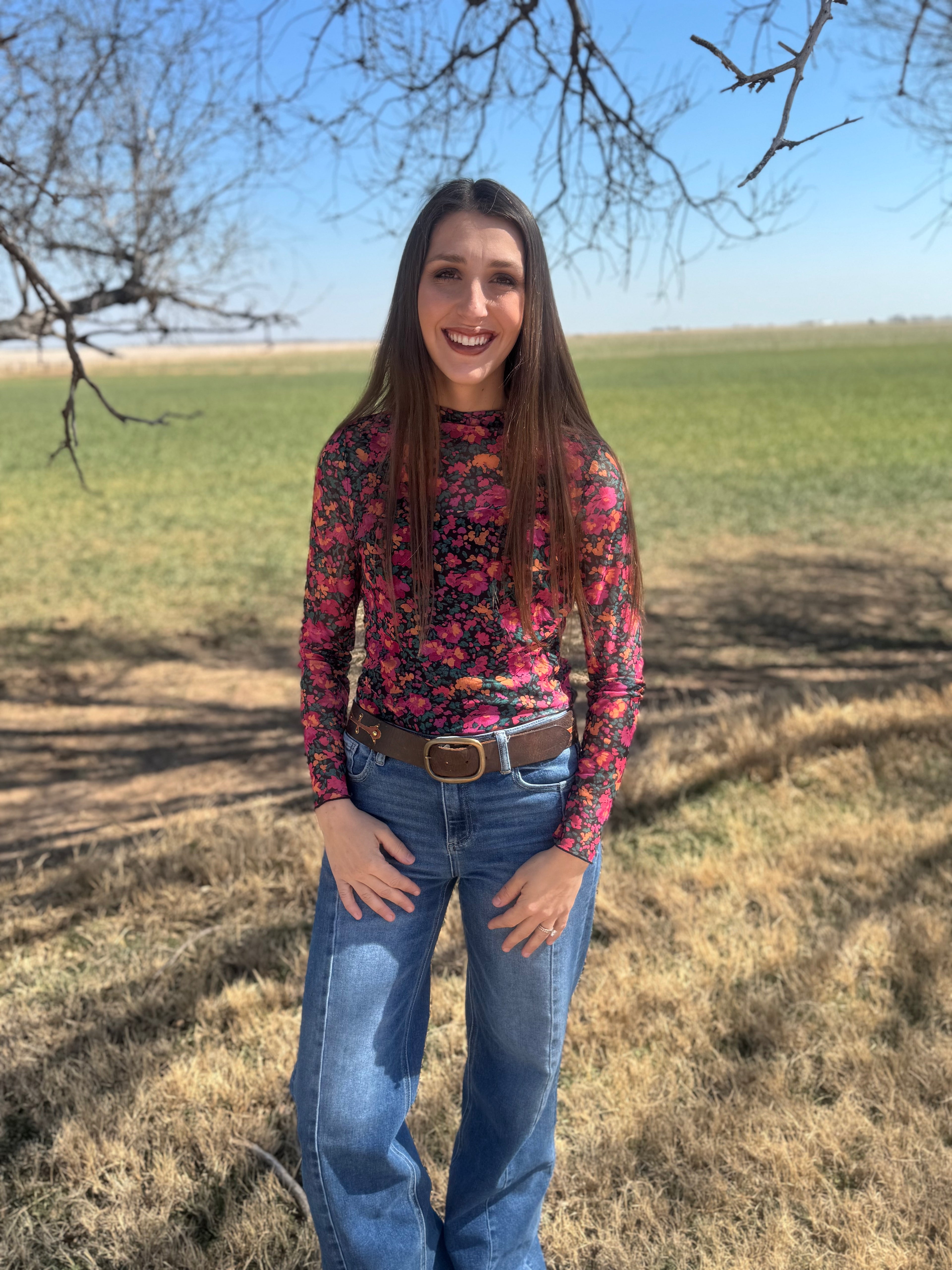 Pink Floral Mesh Layering Top