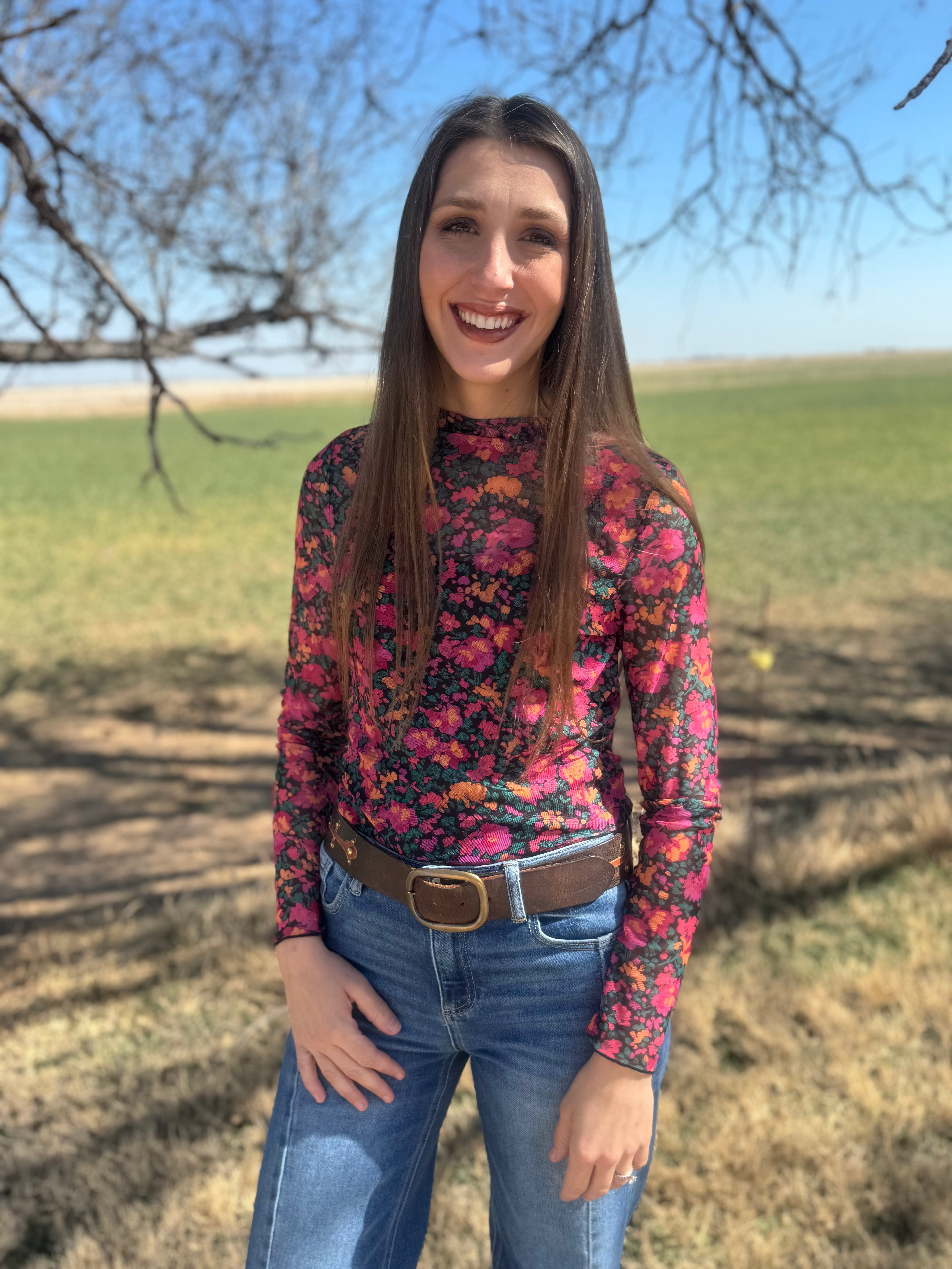 Pink Floral Mesh Layering Top