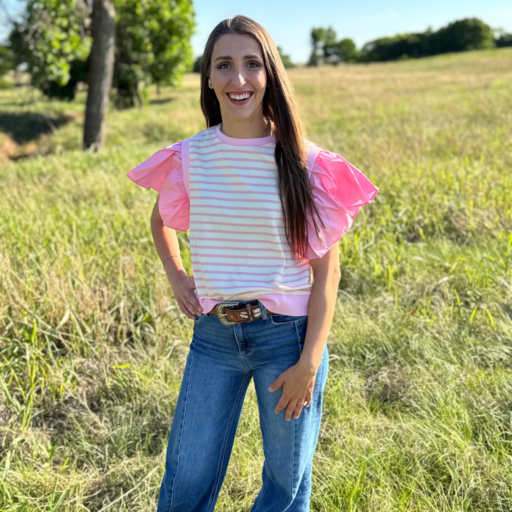 Pink Ruffle Sleeve Striped Blouse - Ship Aug 1