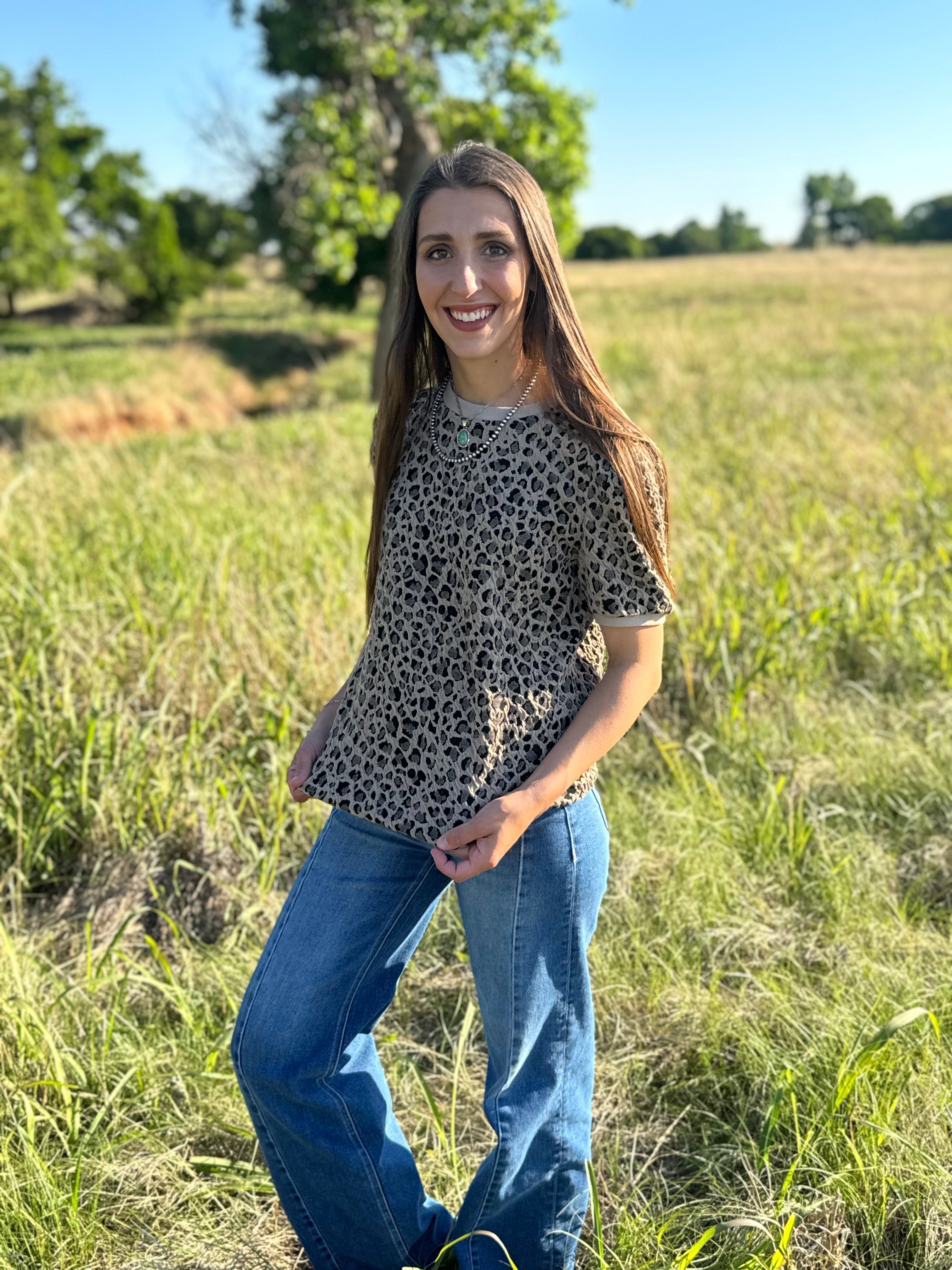 Textured Leopard Crew Neck Top - Ship Aug 1