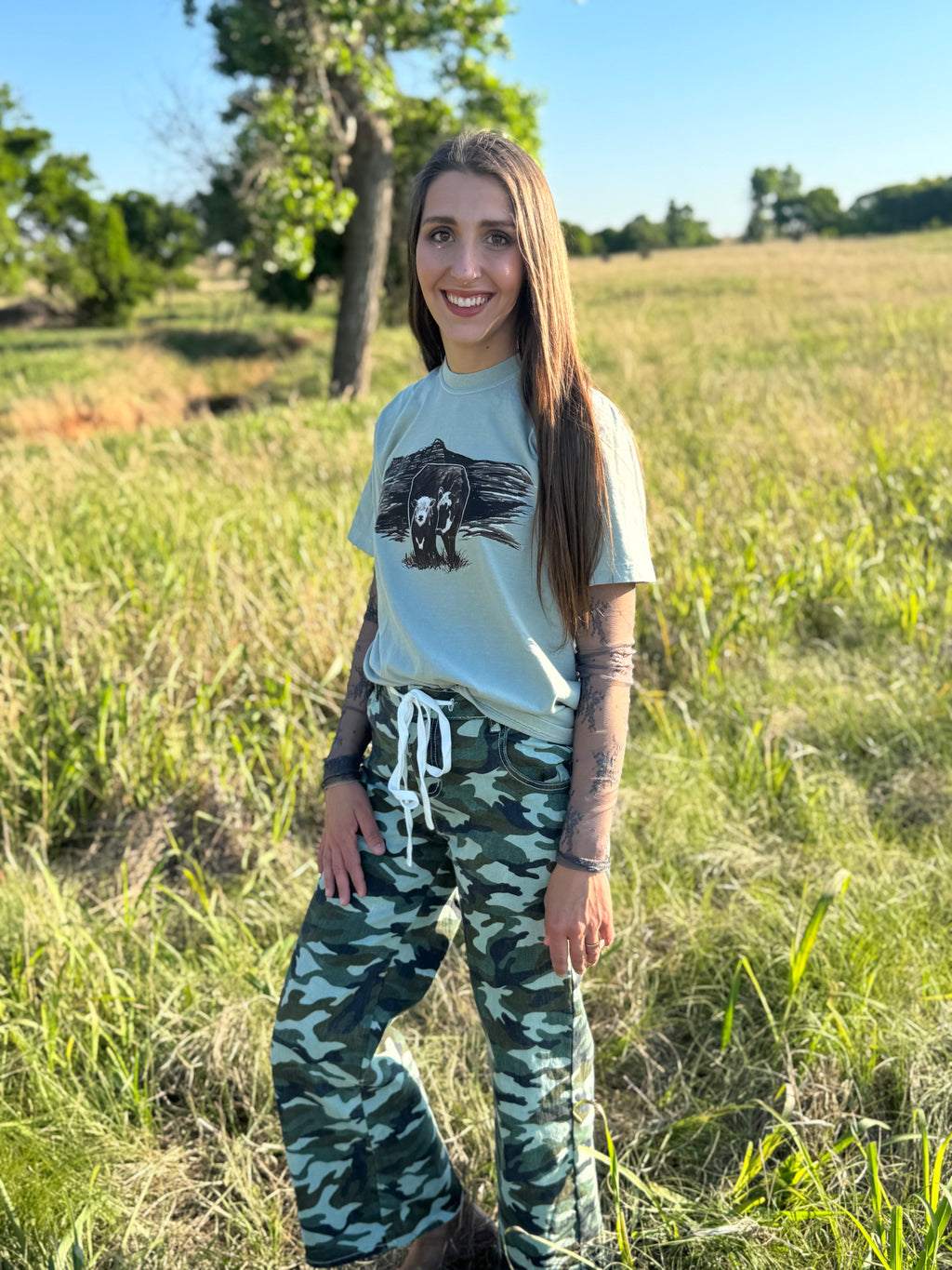 Camo Denim Drawstring Wide Leg Pants
