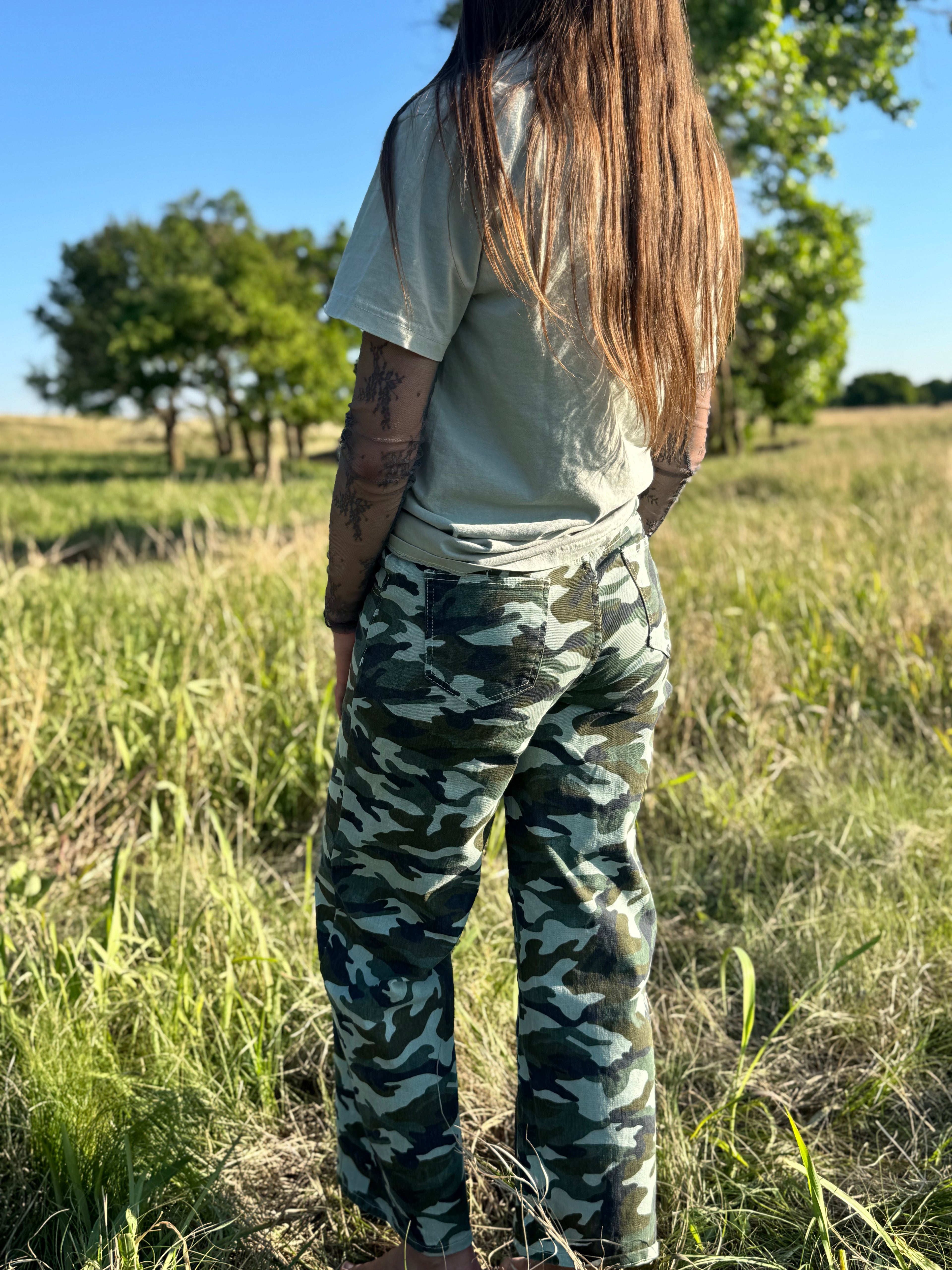 Camo Denim Drawstring Wide Leg Pants