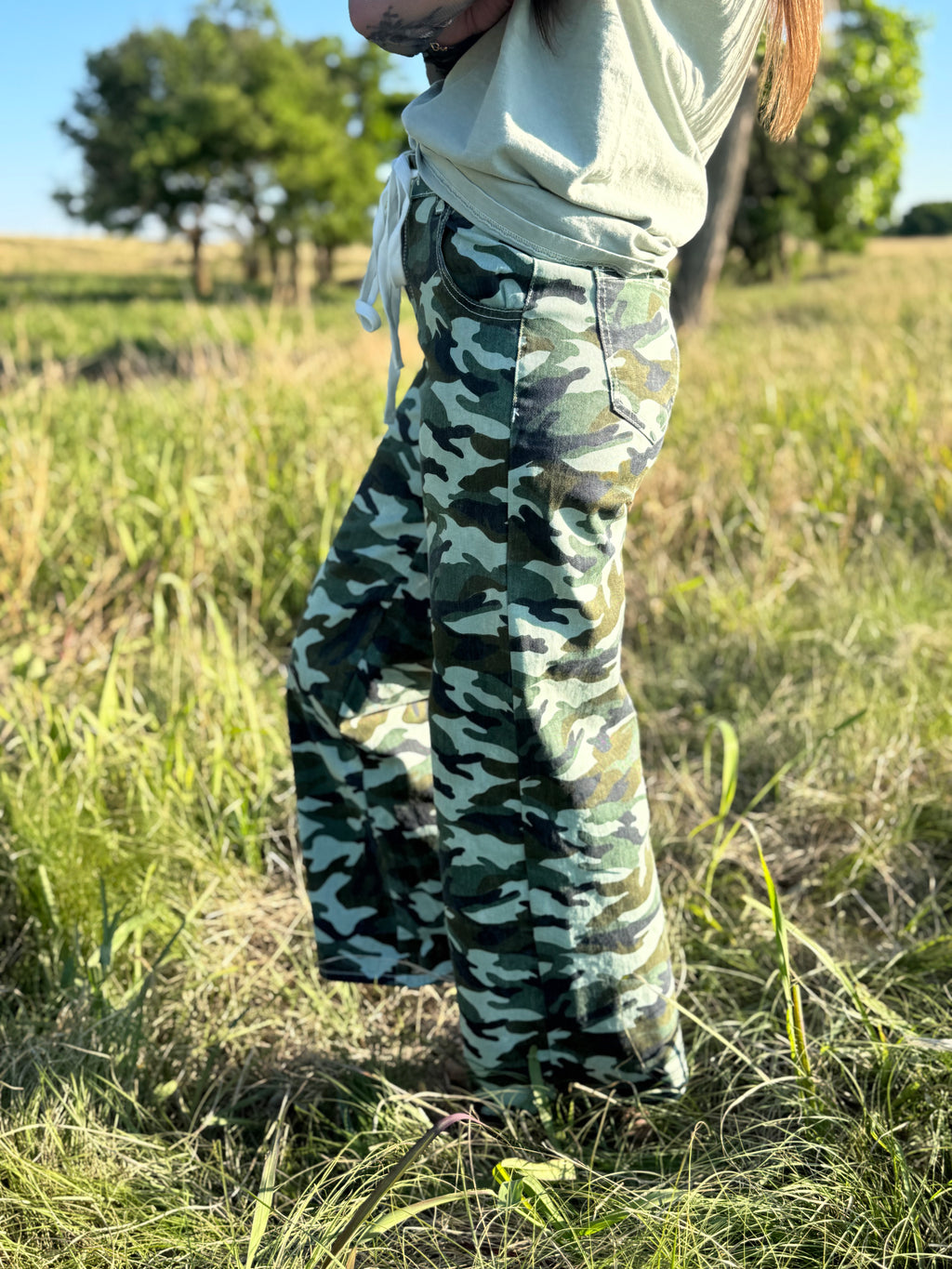 Camo Denim Drawstring Wide Leg Pants