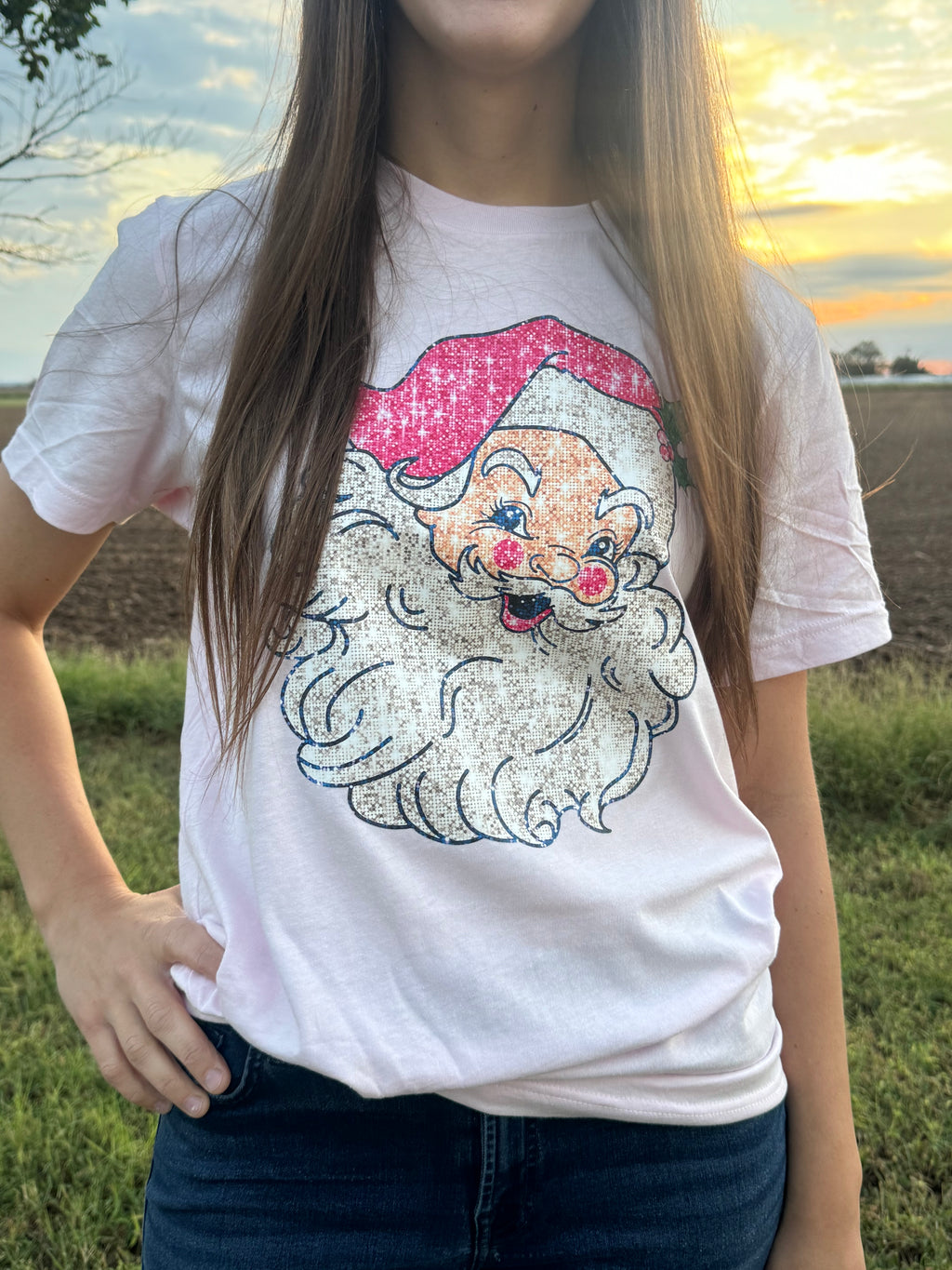 Vintage Faux Glitter Santa Tee or Sweatshirt