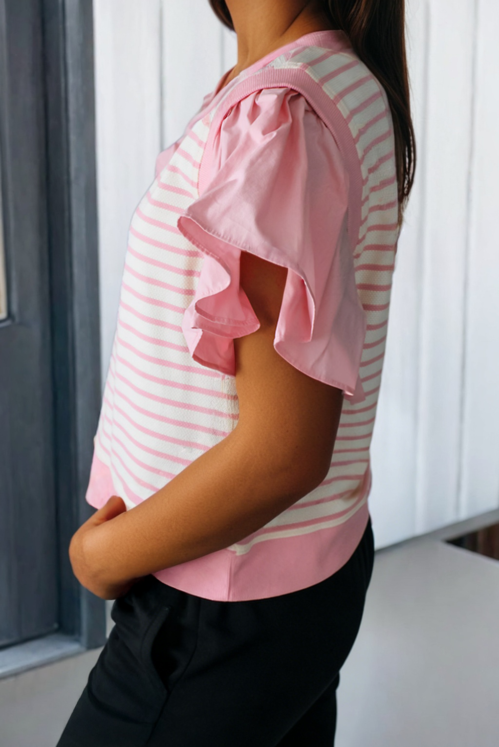 Pink Ruffle Sleeve Striped Blouse - Ship Aug 1