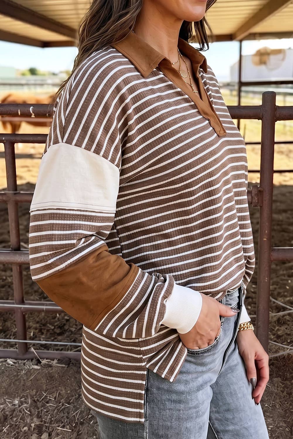 Brown Striped Pullover Top