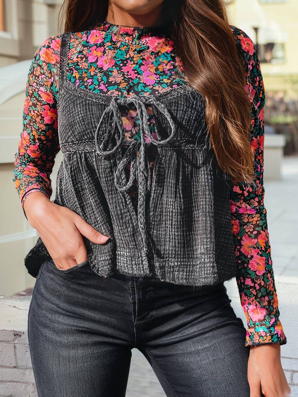 Pink Floral Mesh Layering Top